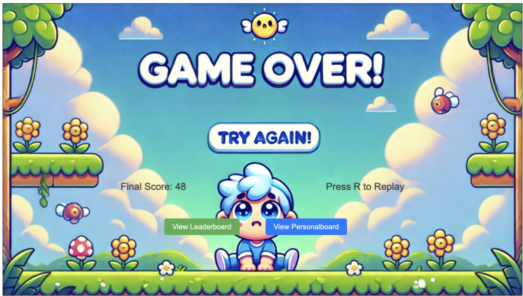 Game Over screen from the Healthy Eating Game with retry and leaderboard options.